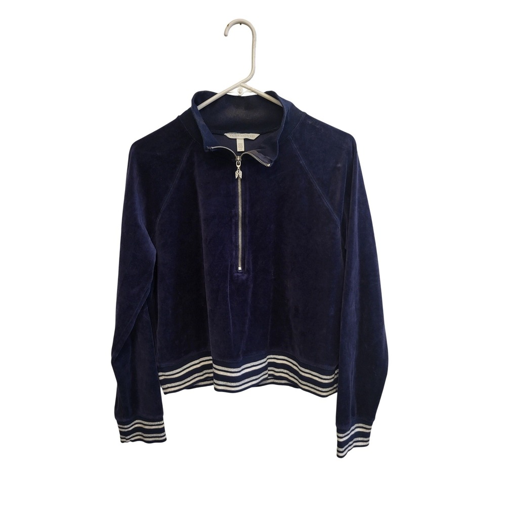 Victoria's Secret Velour Quarter Zip Womens Large Navy Blue Striped Cropped